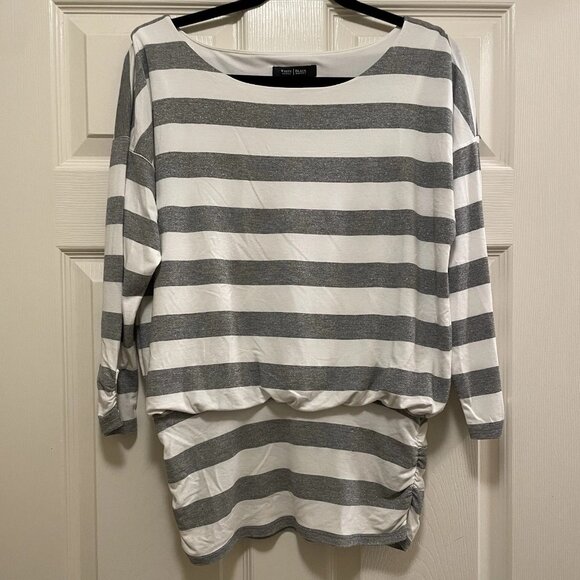 White House Black Market Tops - WHITE HOUSE BLACK MARKET Gray and White Stripes with Silver Threads 3/4 Length S